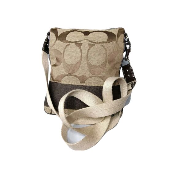 Coach Signature Swingpack Crossbody Khaki Brown Stripe Handbag Purse - Picture 1 of 8